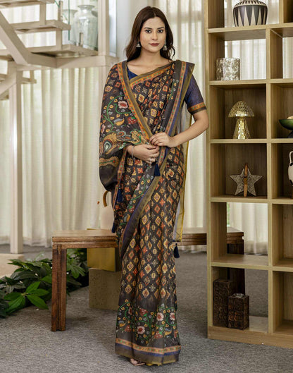 Navy Blue Shimmer Silk Printed Saree