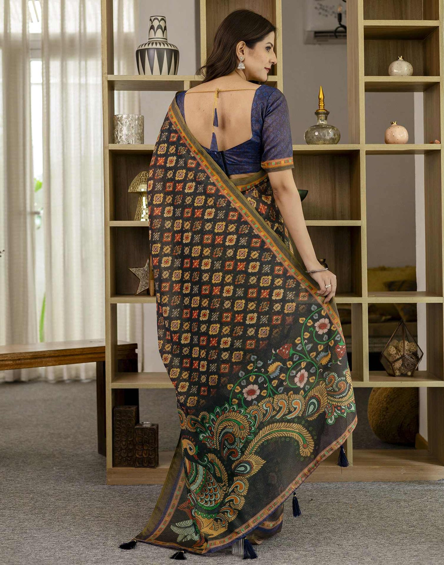 Navy Blue Shimmer Silk Printed Saree
