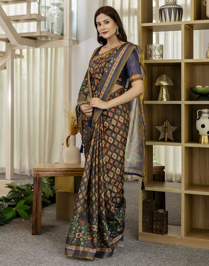 Navy Blue Shimmer Silk Printed Saree