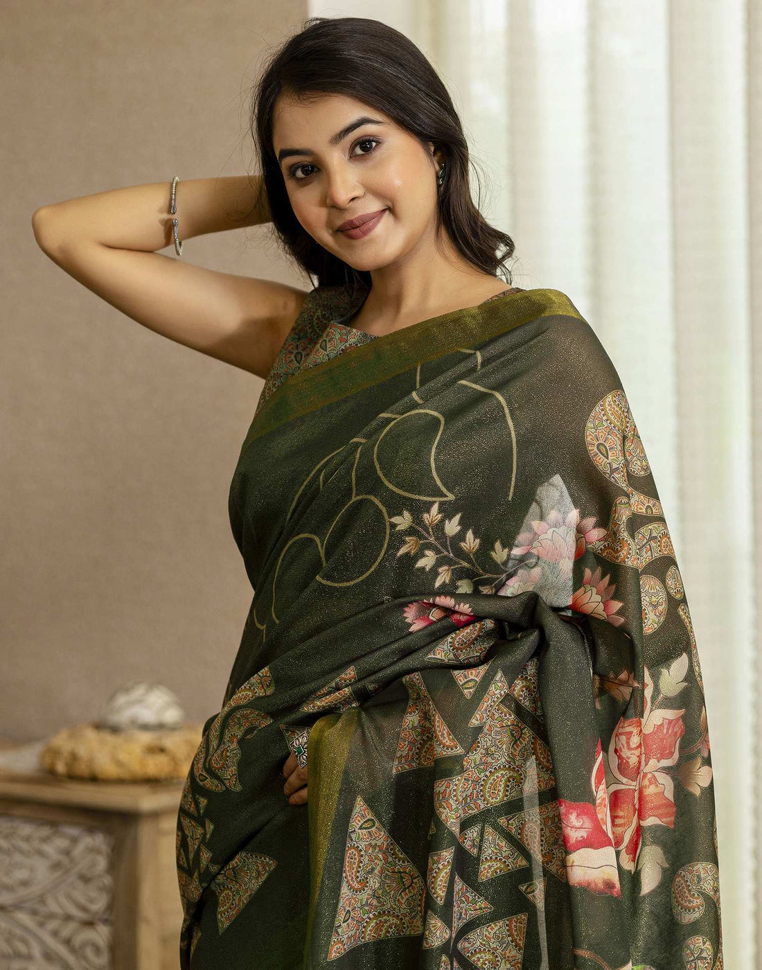 Dark Green Shimmer Silk Printed Saree