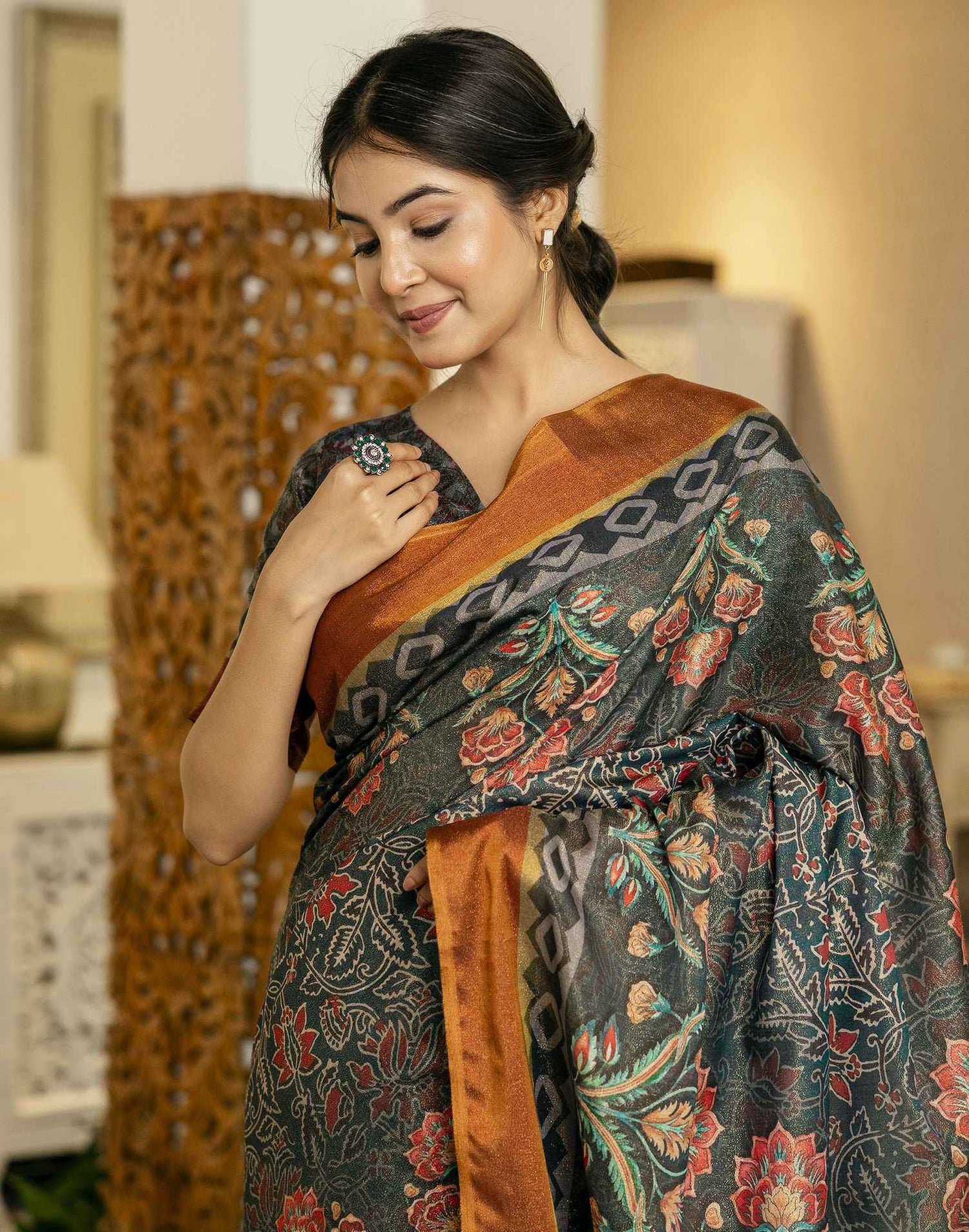 Dusty Rama Green Shimmer Silk Floral Printed  Saree