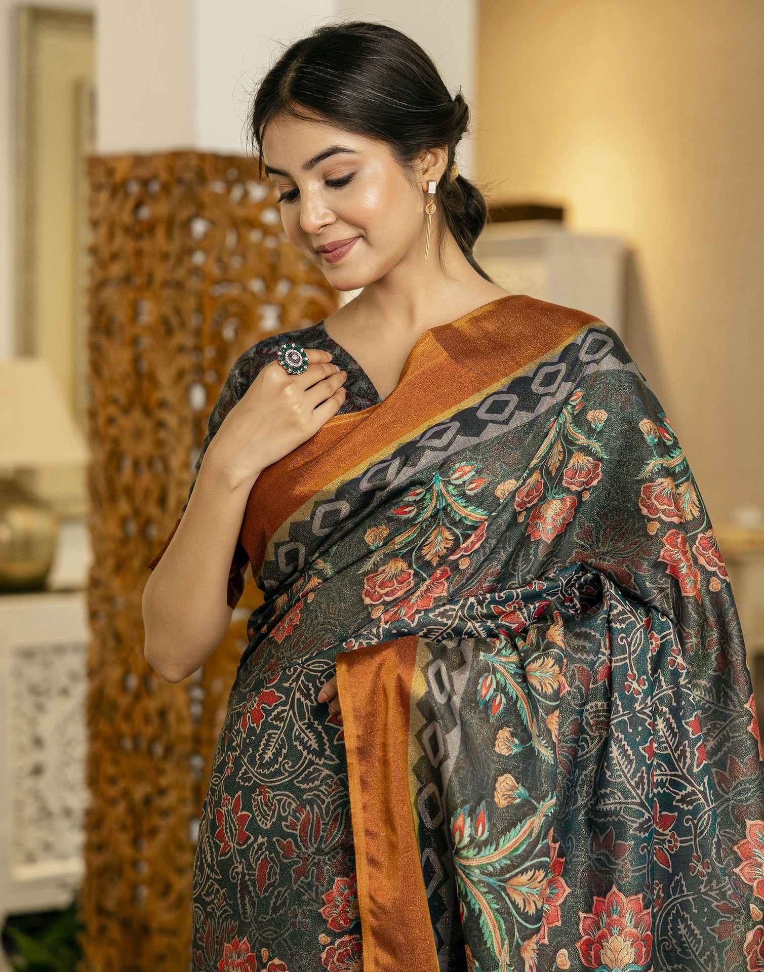 Dusty Rama Green Shimmer Silk Floral Printed  Saree