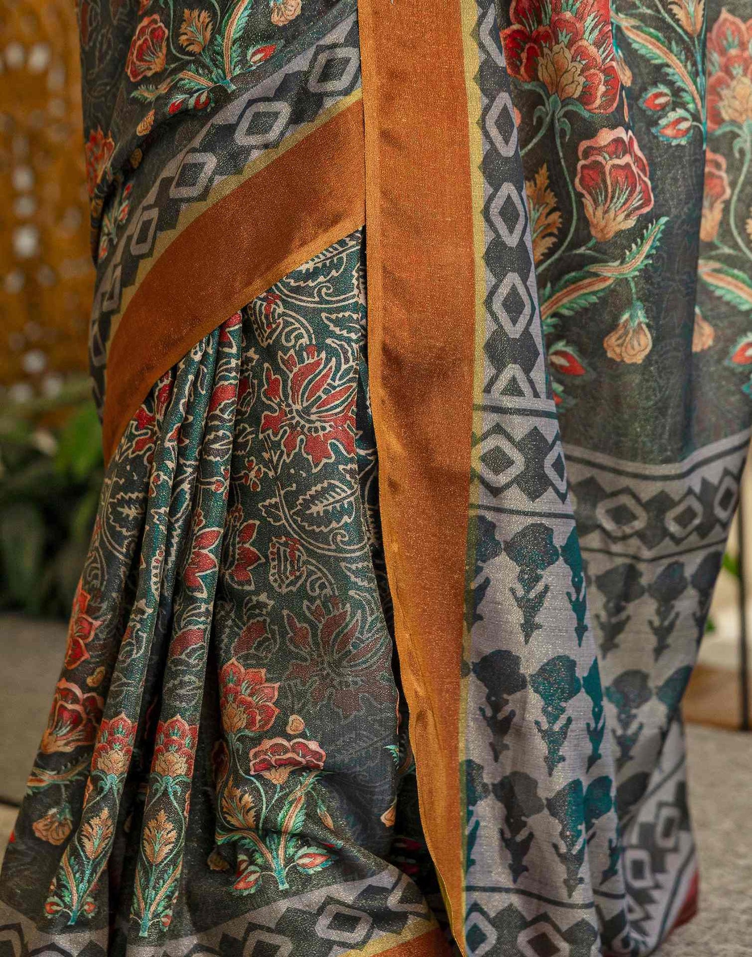 Dusty Rama Green Shimmer Silk Floral Printed  Saree