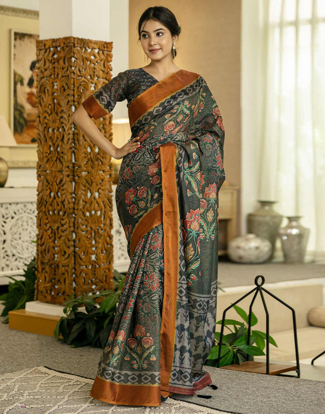 Dusty Rama Green Shimmer Silk Floral Printed  Saree
