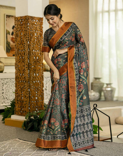 Dusty Rama Green Shimmer Silk Floral Printed  Saree