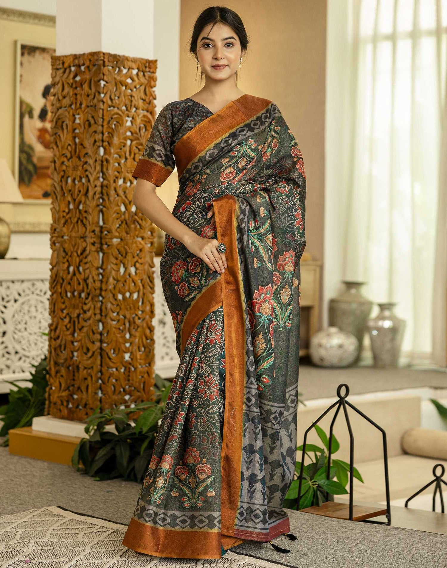 Dusty Rama Green Shimmer Silk Floral Printed  Saree