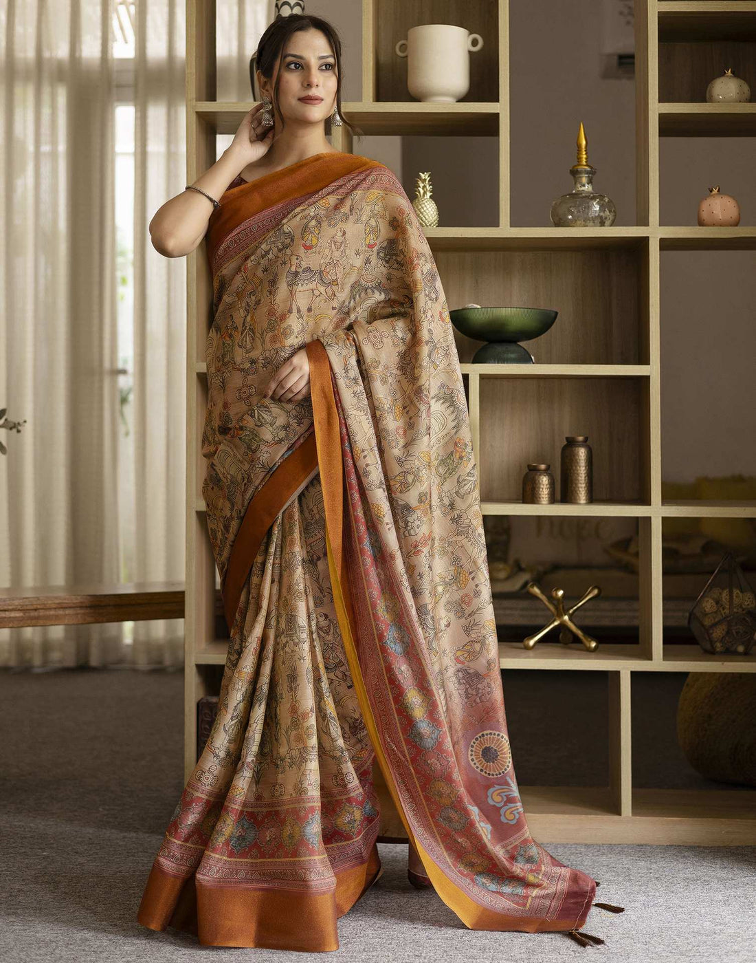 Beige Shimmer Silk Printed Saree
