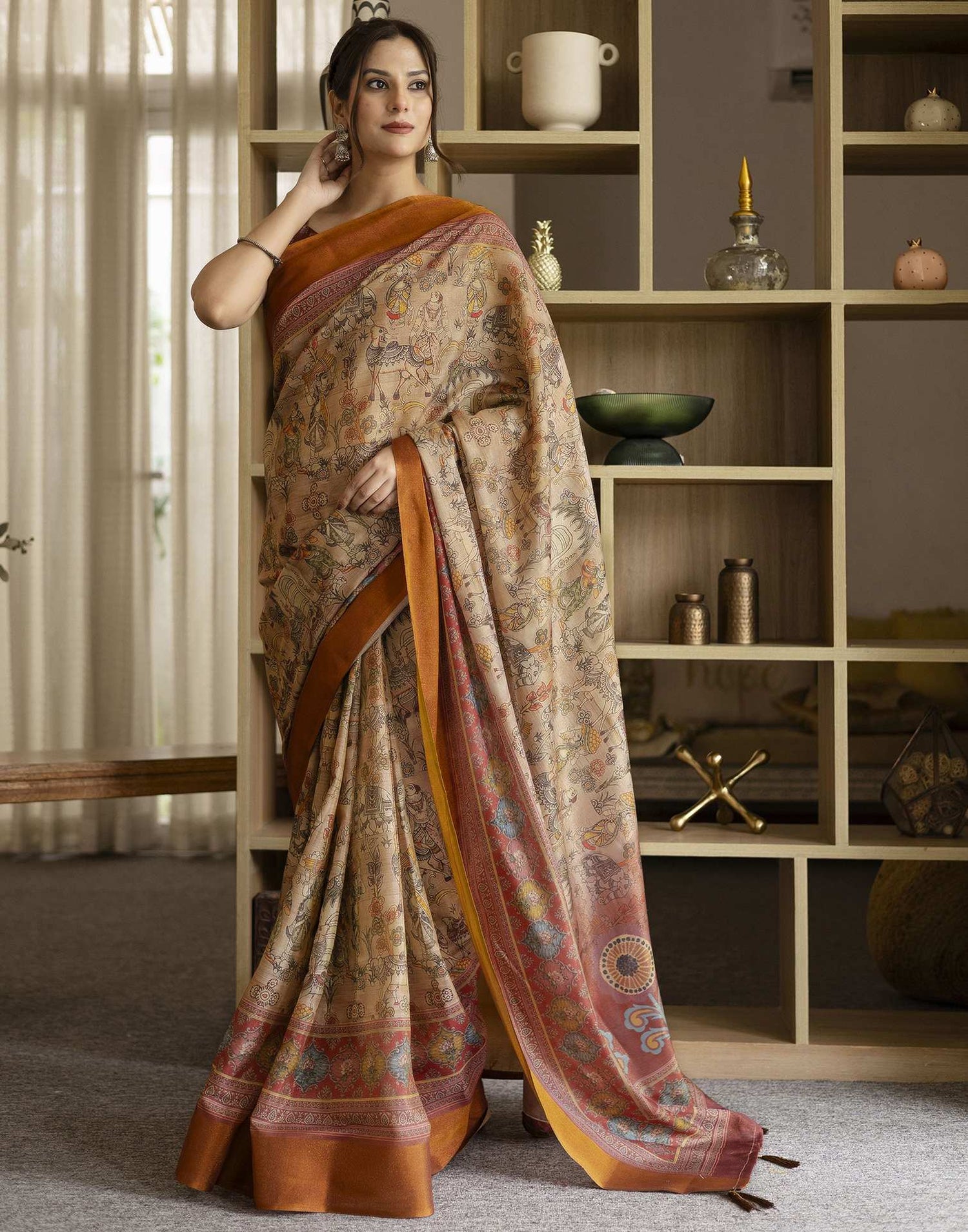 Beige Shimmer Silk Printed Saree