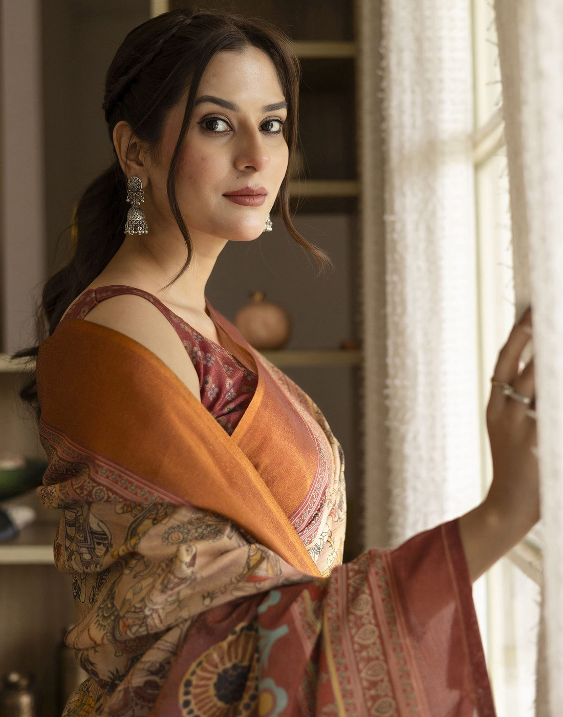 Beige Shimmer Silk Printed Saree