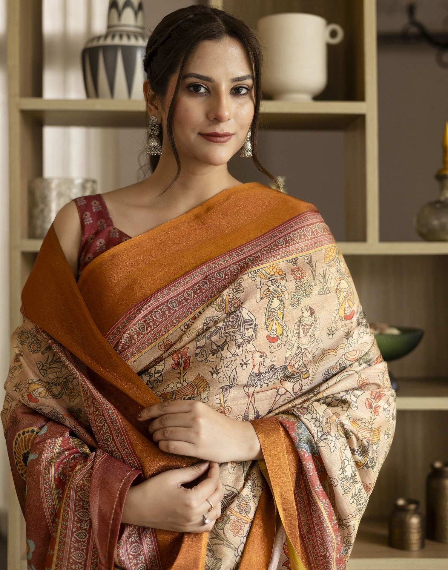 Beige Shimmer Silk Printed Saree