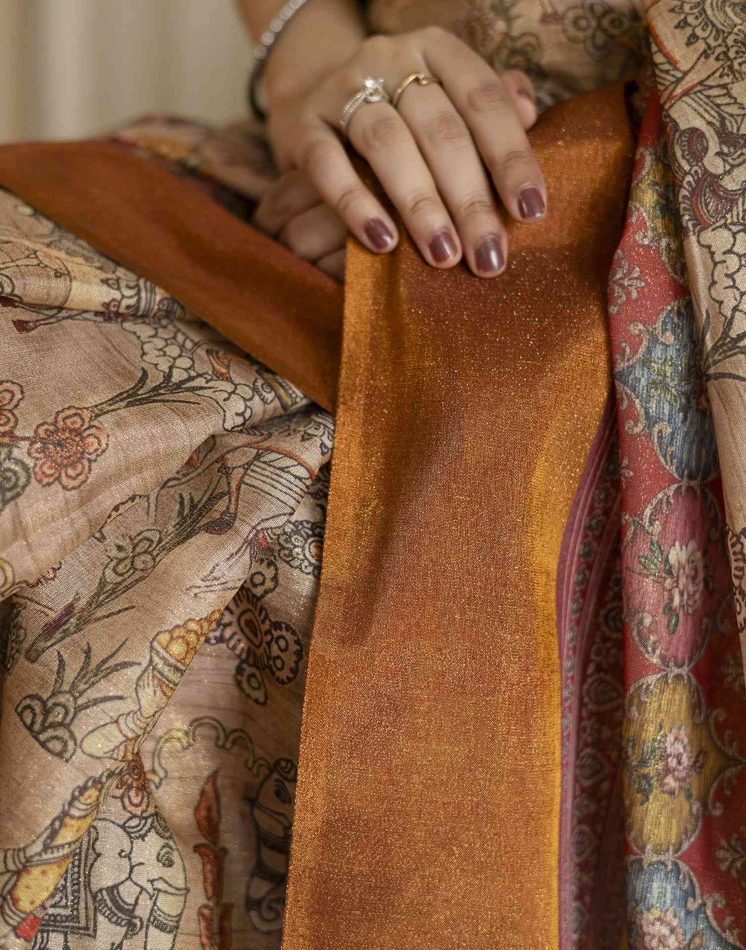Beige Shimmer Silk Printed Saree
