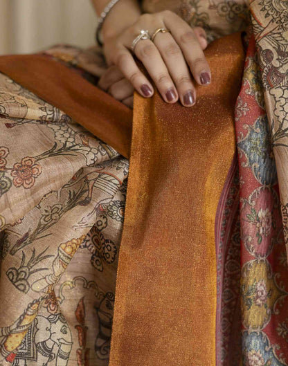 Beige Shimmer Silk Printed Saree