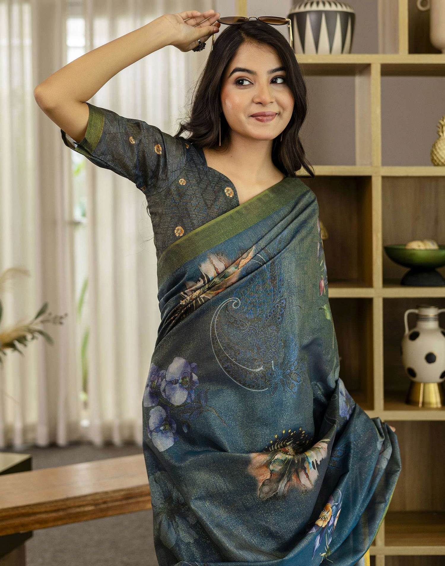 Rama Blue Shimmer Silk Floral Printed  Saree