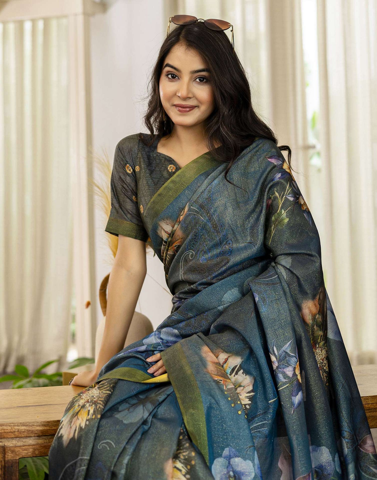 Rama Blue Shimmer Silk Floral Printed  Saree