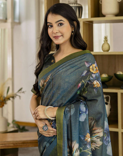 Rama Blue Shimmer Silk Floral Printed  Saree