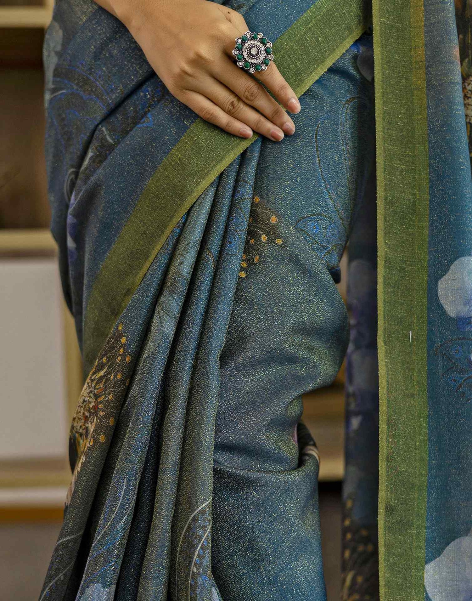 Rama Blue Shimmer Silk Floral Printed  Saree