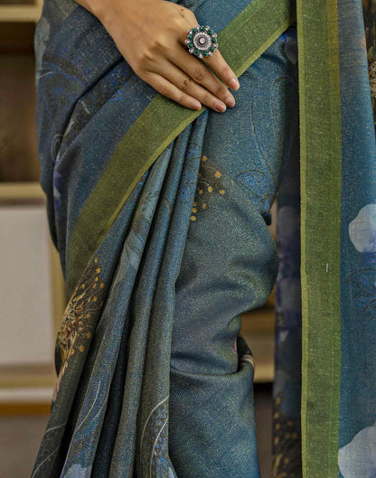 Rama Blue Shimmer Silk Floral Printed  Saree