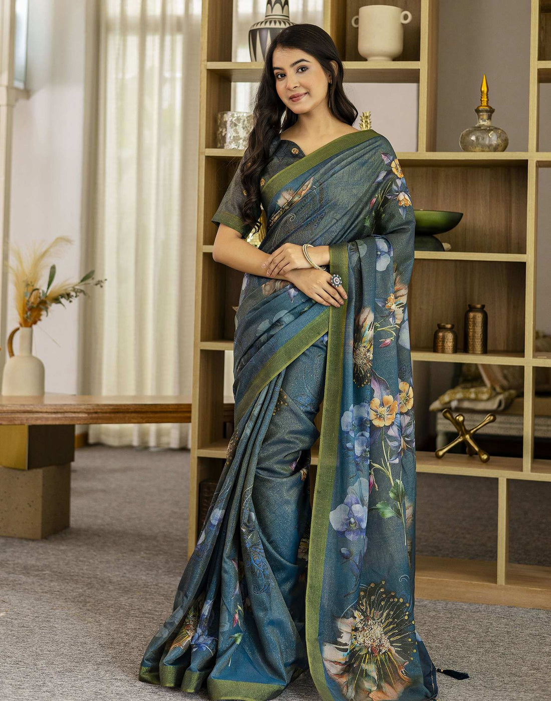 Rama Blue Shimmer Silk Floral Printed  Saree