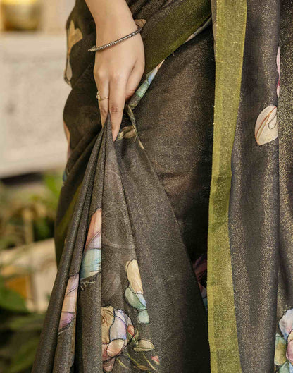Dark Grey Shimmer Silk Floral Printed  Saree