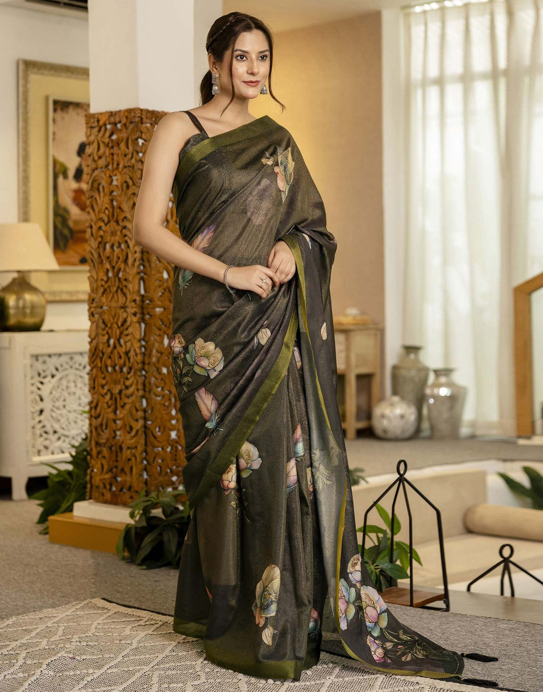Dark Grey Shimmer Silk Floral Printed  Saree