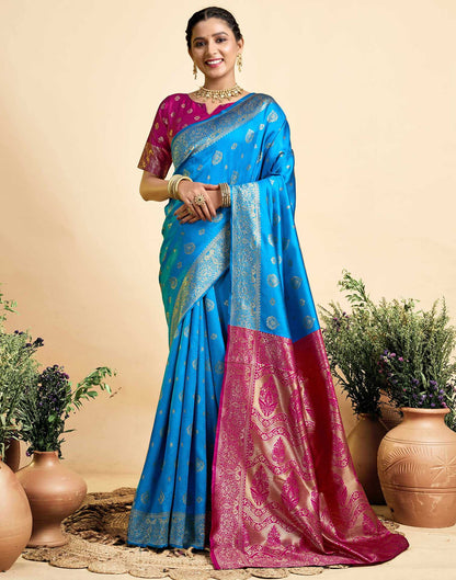 Teal Blue Silk Woven Banarasi Saree