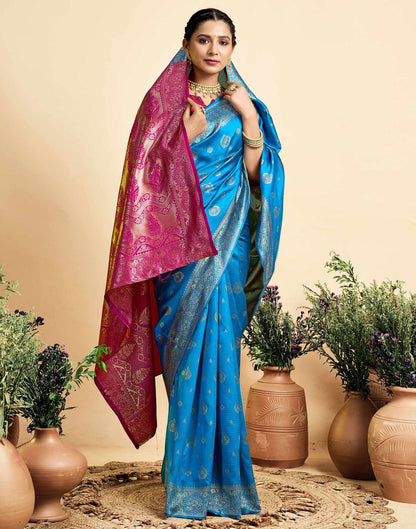 Teal Blue Silk Woven Banarasi Saree