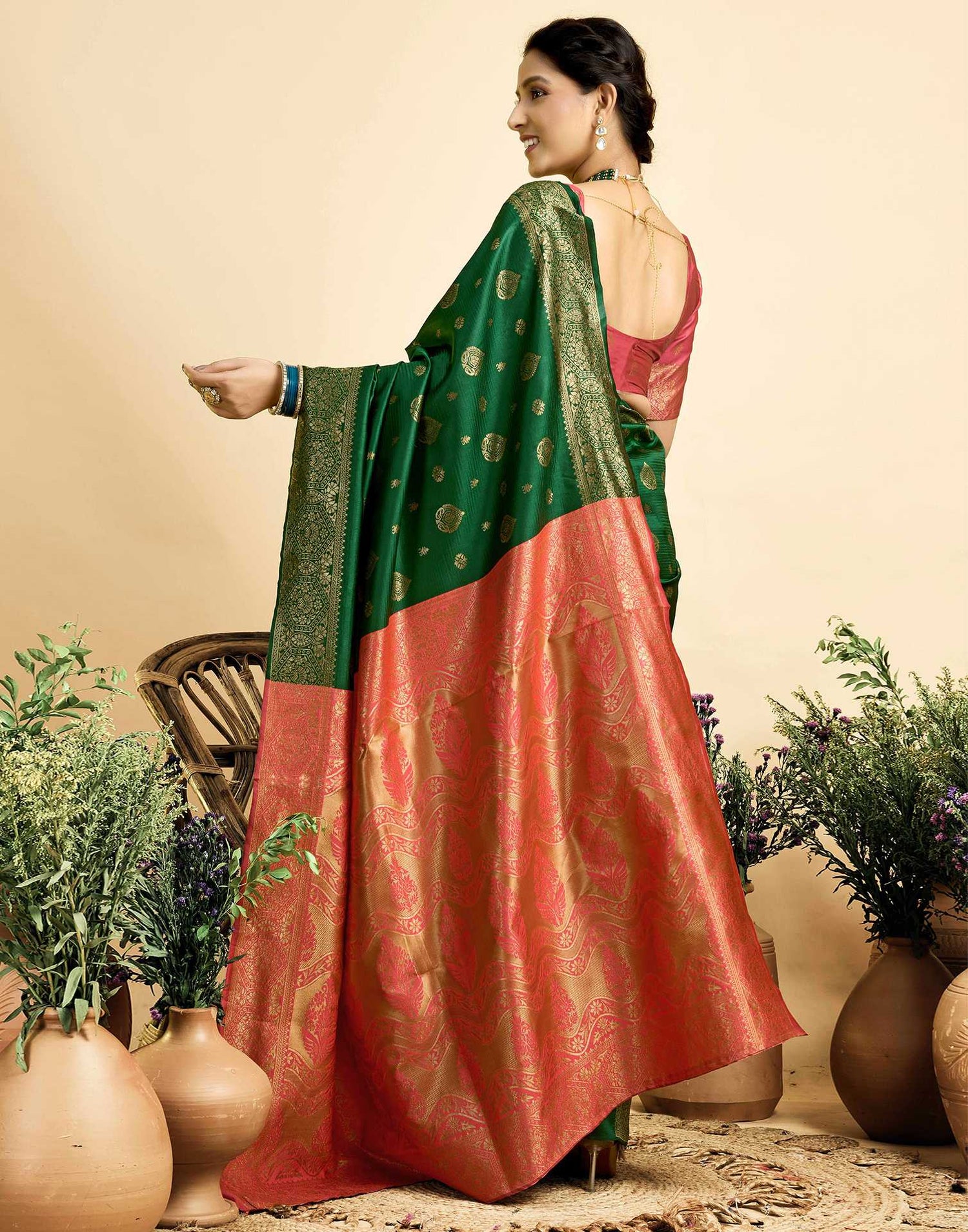 Dark Green Silk Woven Banarasi Saree