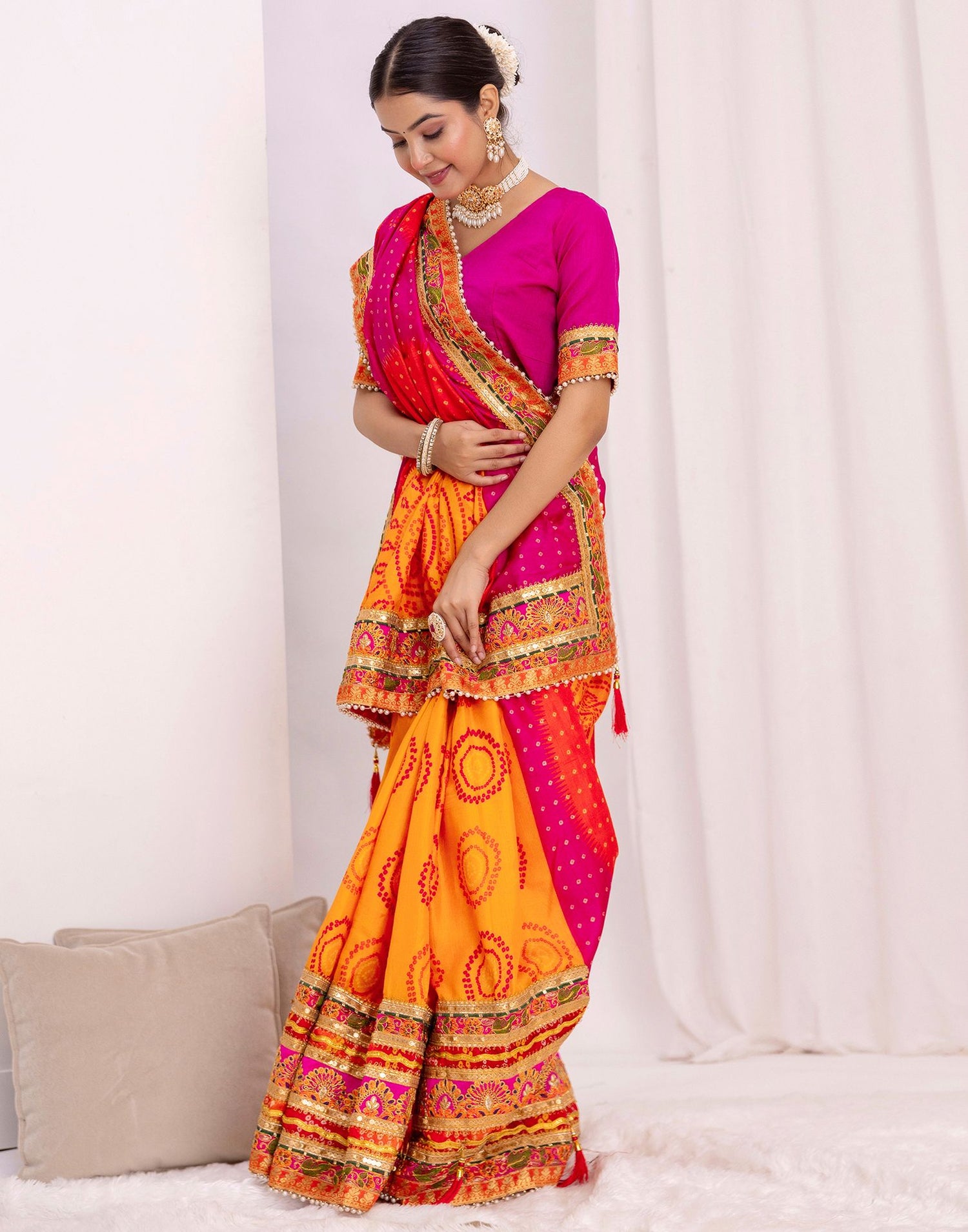 Turmeric Yellow Silk Printed Bandhani Saree