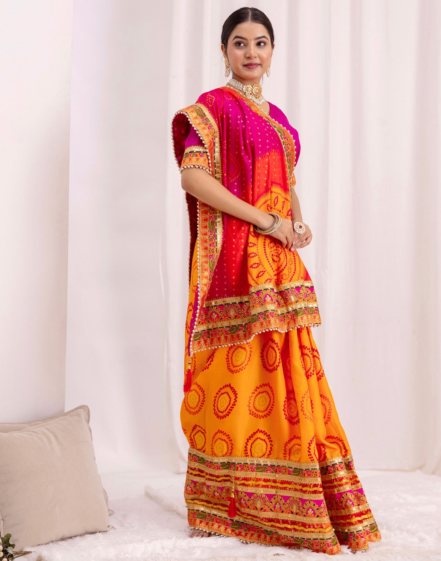 Turmeric Yellow Silk Printed Bandhani Saree
