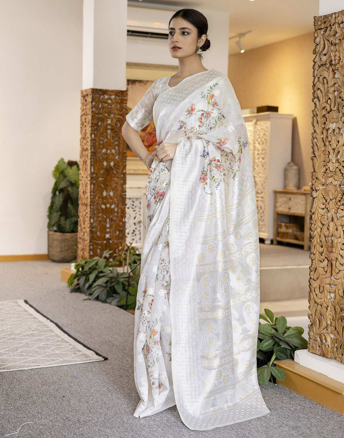 White Chanderi Floral Printed Saree