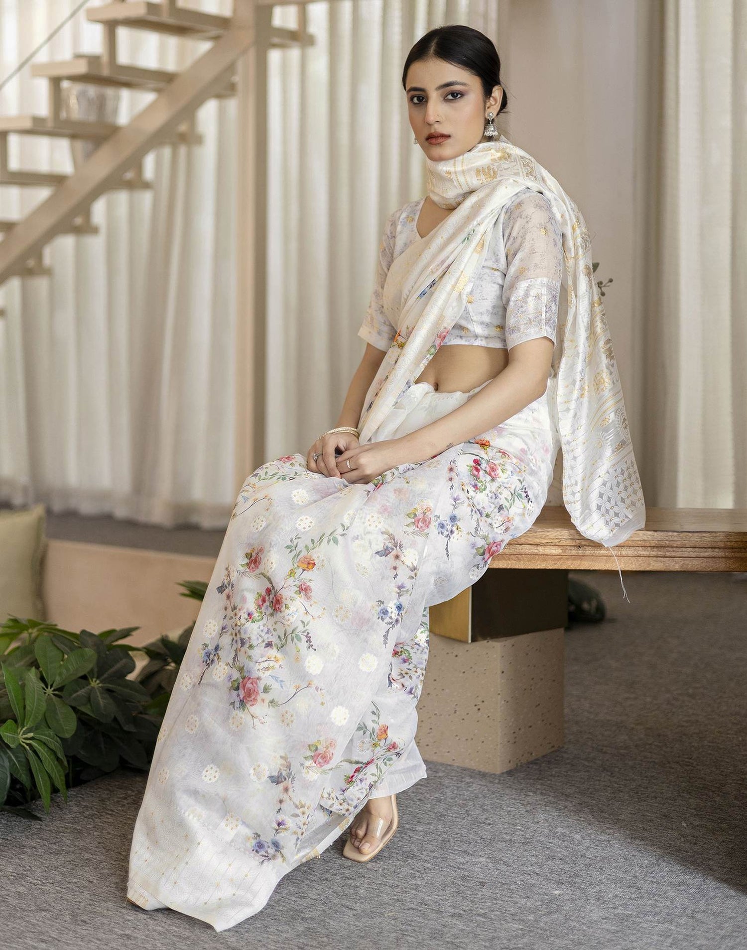 White Chanderi Floral Printed Saree
