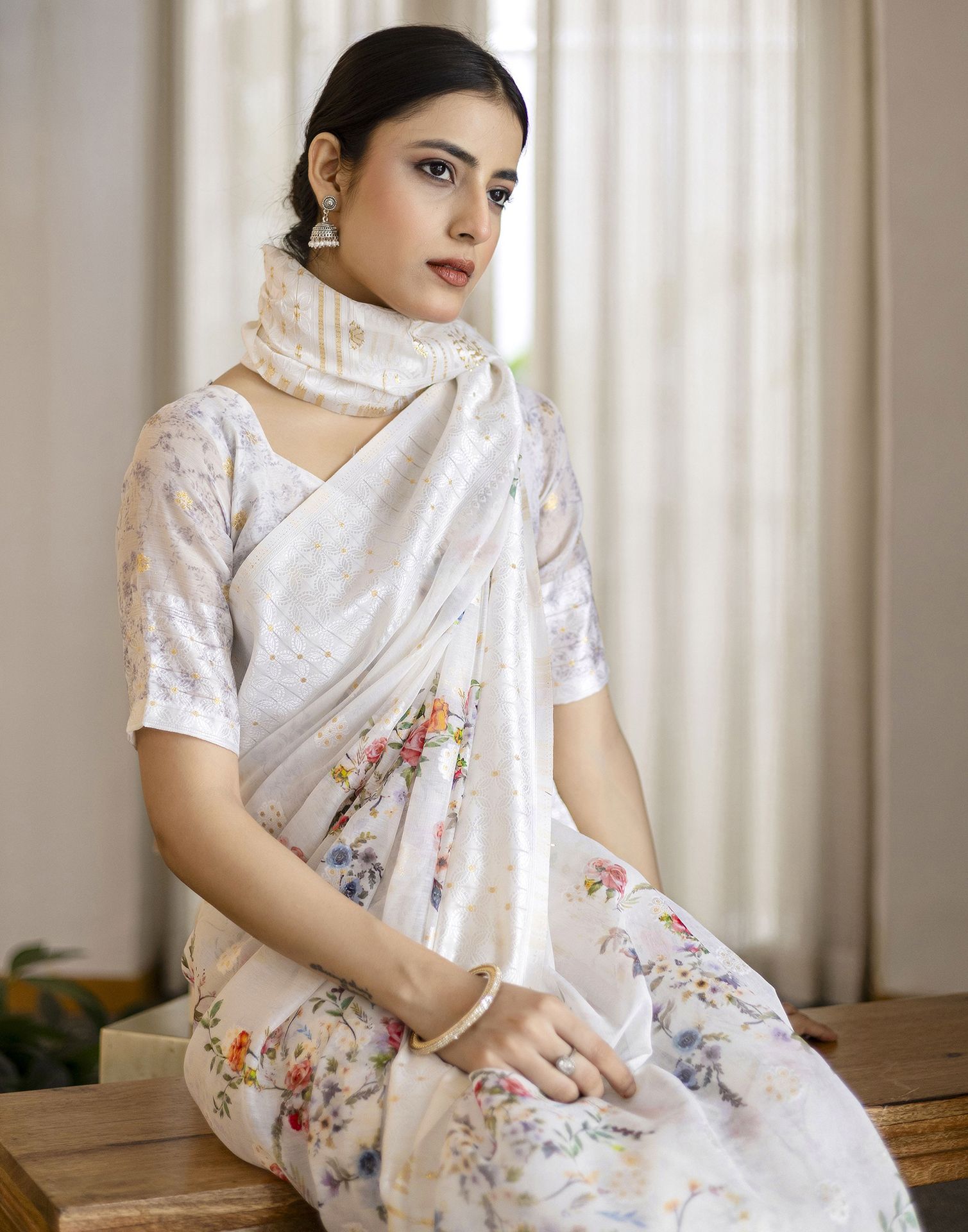 White Chanderi Floral Printed Saree