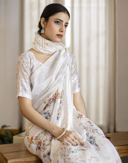White Chanderi Floral Printed Saree