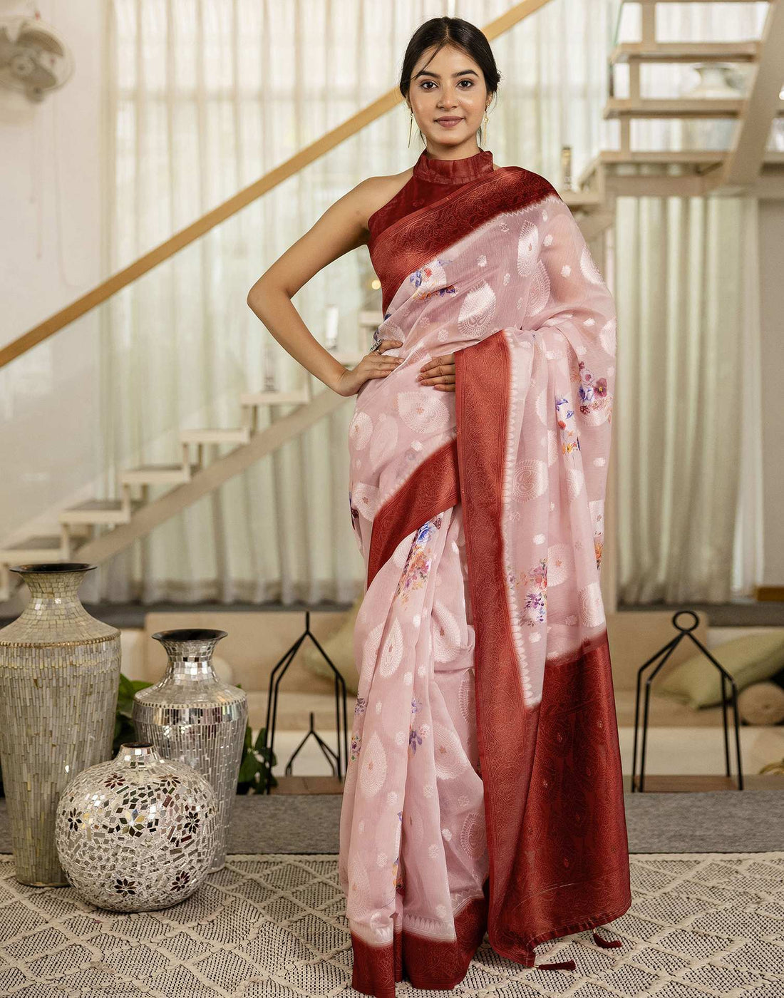 Light Pink Chanderi Floral Printed Saree