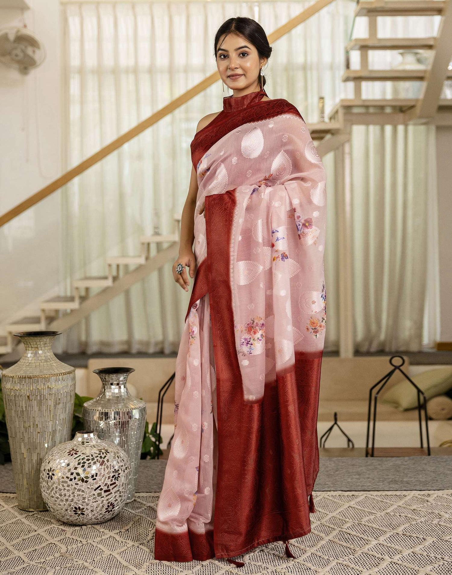 Light Pink Chanderi Floral Printed Saree