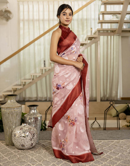 Light Pink Chanderi Floral Printed Saree