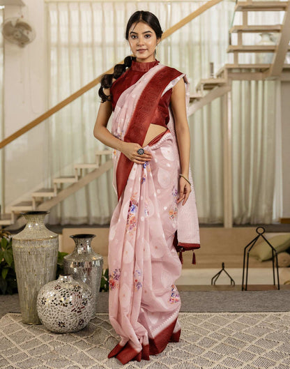 Light Pink Chanderi Floral Printed Saree