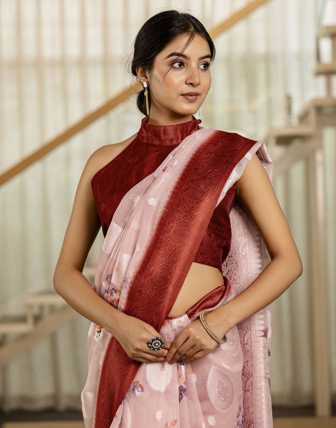 Light Pink Chanderi Floral Printed Saree