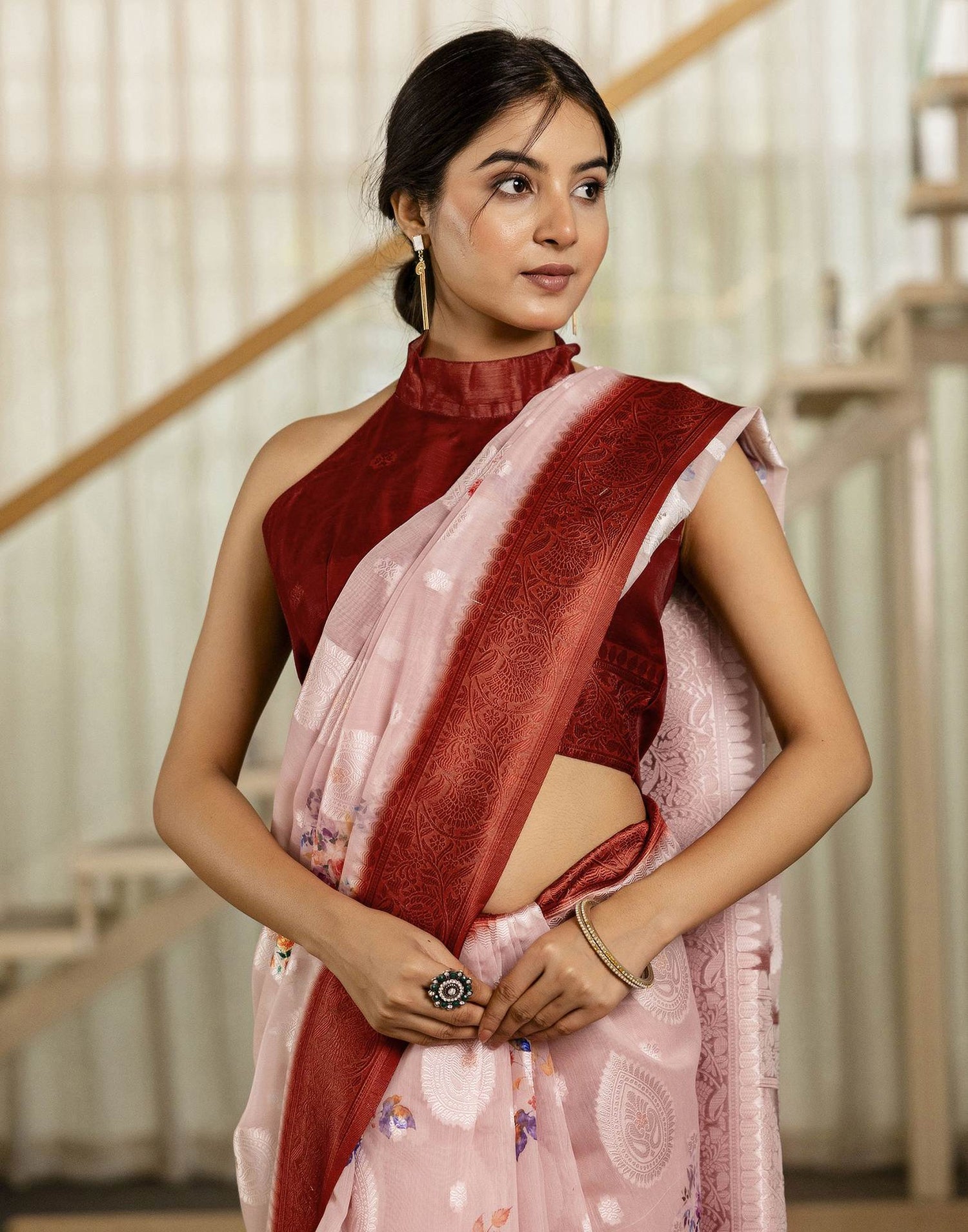Light Pink Chanderi Floral Printed Saree