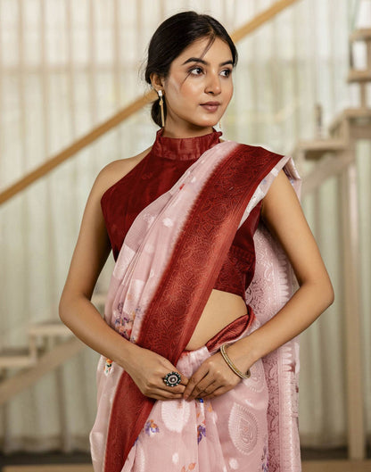 Light Pink Chanderi Floral Printed Saree