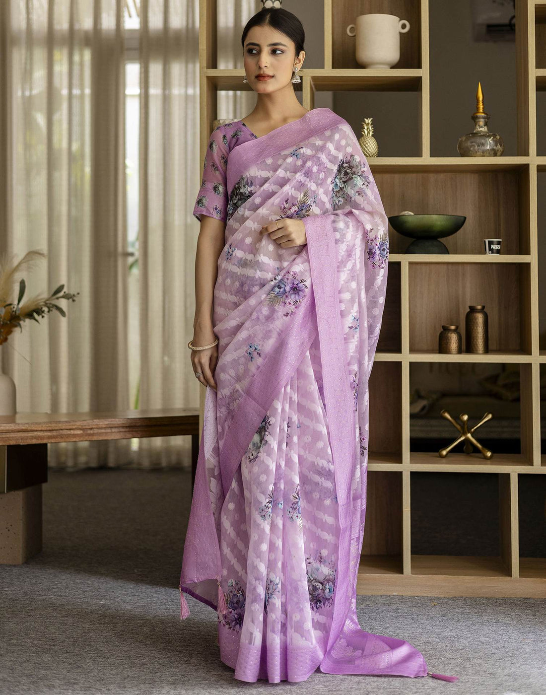 Light PurPle Chanderi Floral Printed Saree