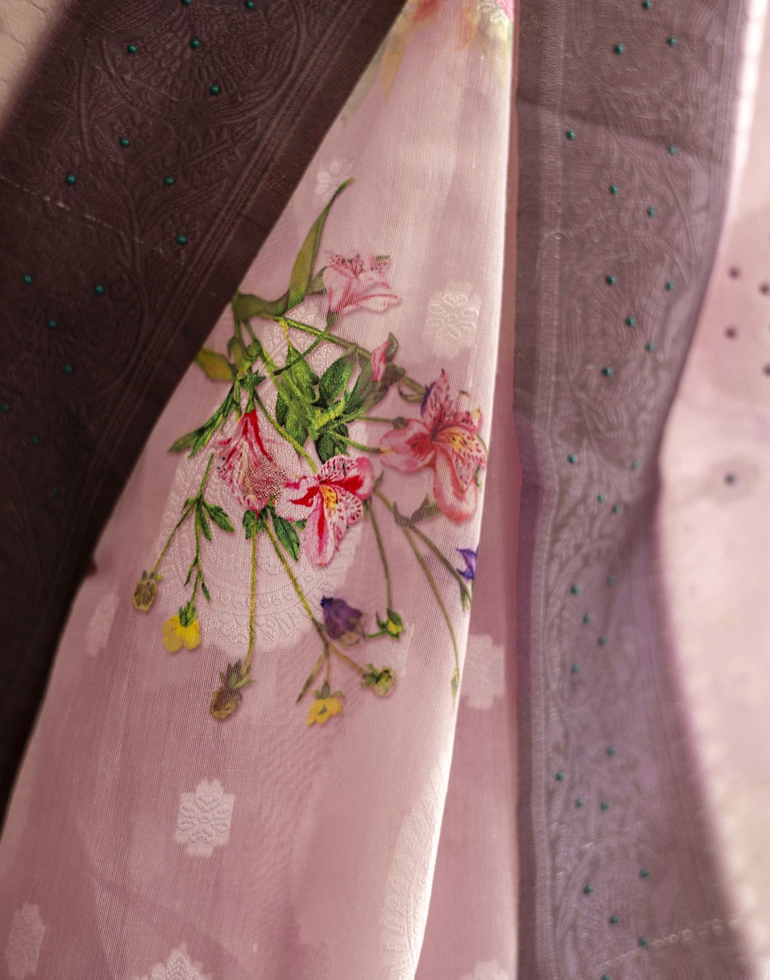 Baby Pink Chanderi Floral Printed Saree