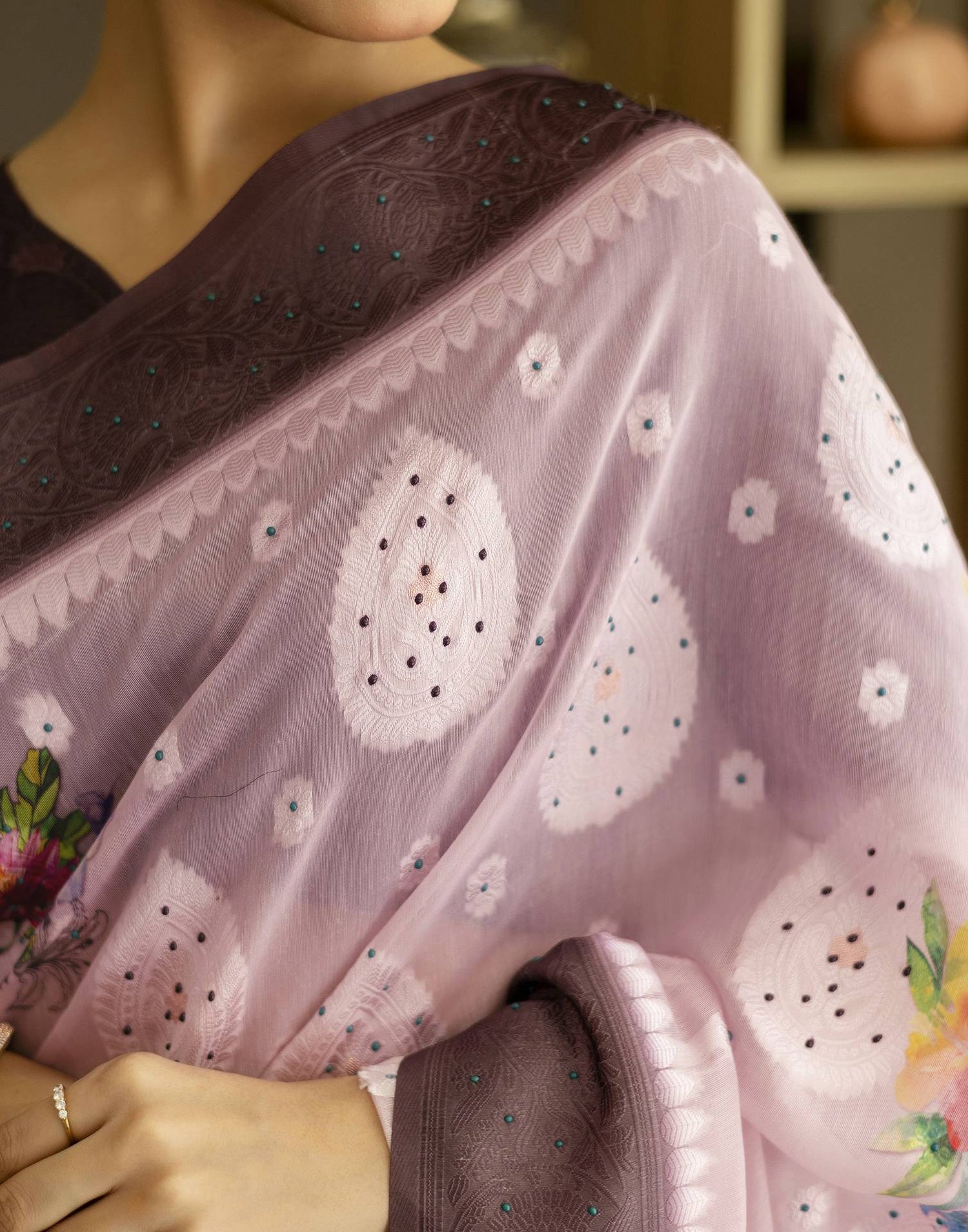 Baby Pink Chanderi Floral Printed Saree