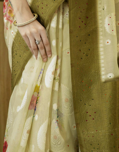 Light Pista Green Chanderi Floral Printed Saree