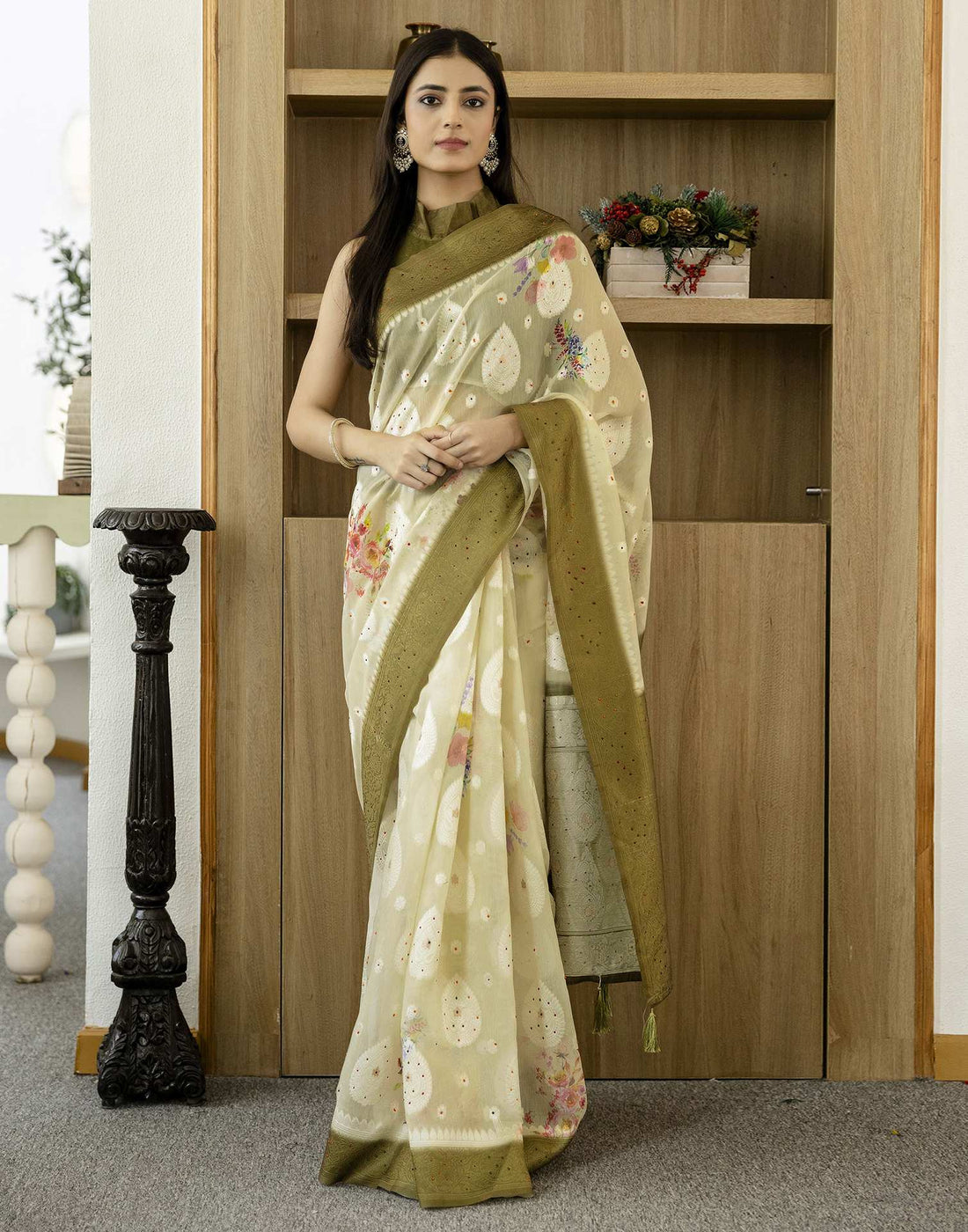 Light Pista Green Chanderi Floral Printed Saree
