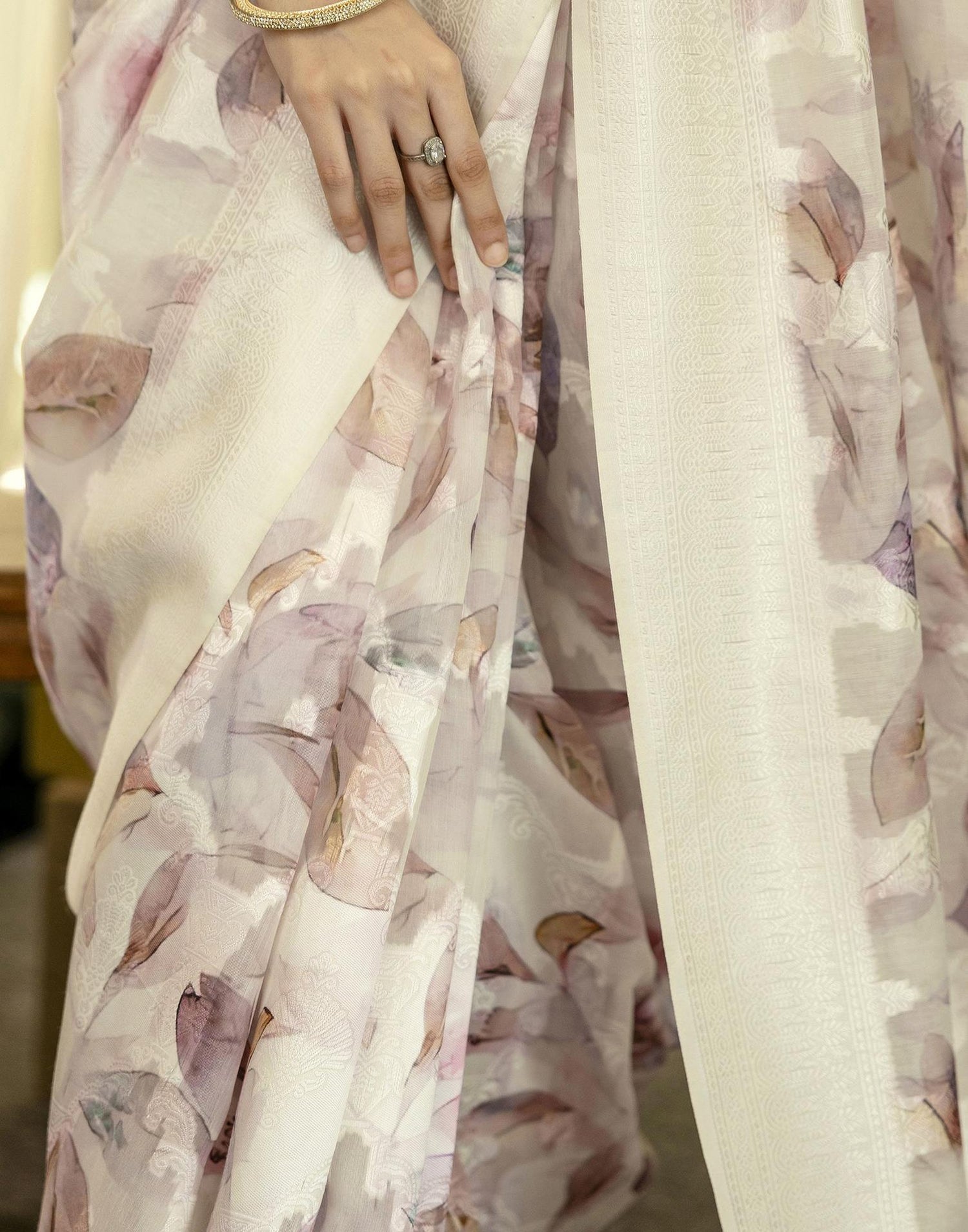 White Chanderi Printed Saree