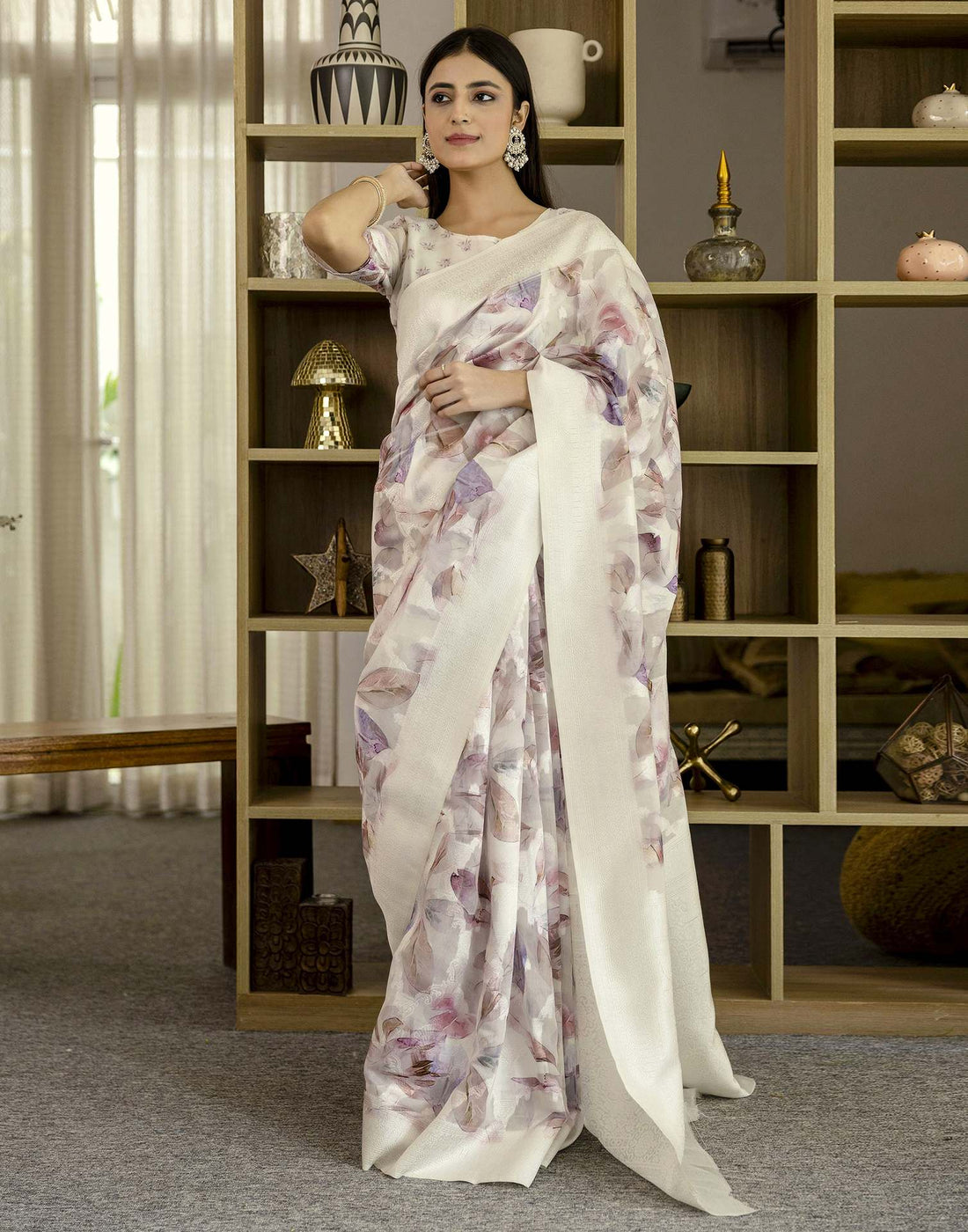 White Chanderi Printed Saree