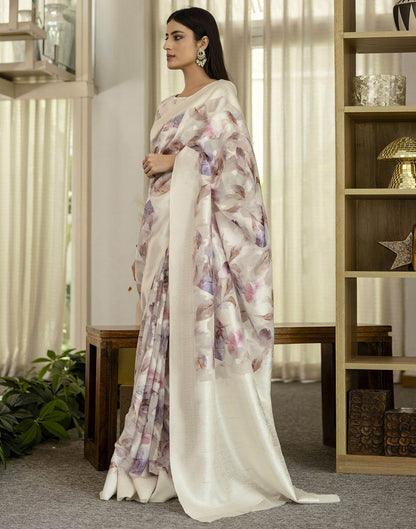 White Chanderi Printed Saree