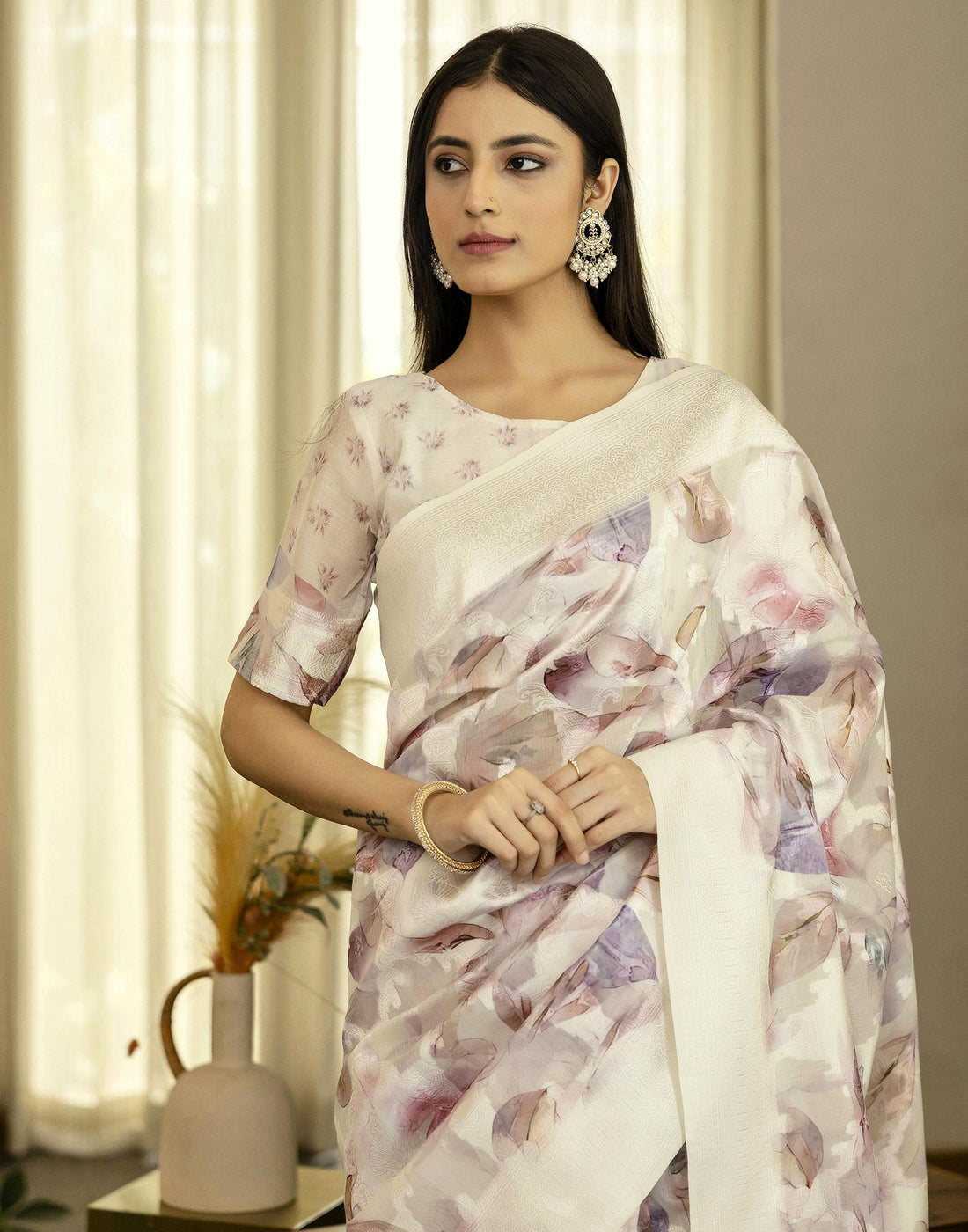 White Chanderi Printed Saree
