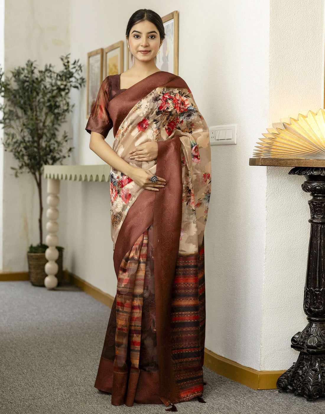 Beige Chanderi Floral Printed Saree